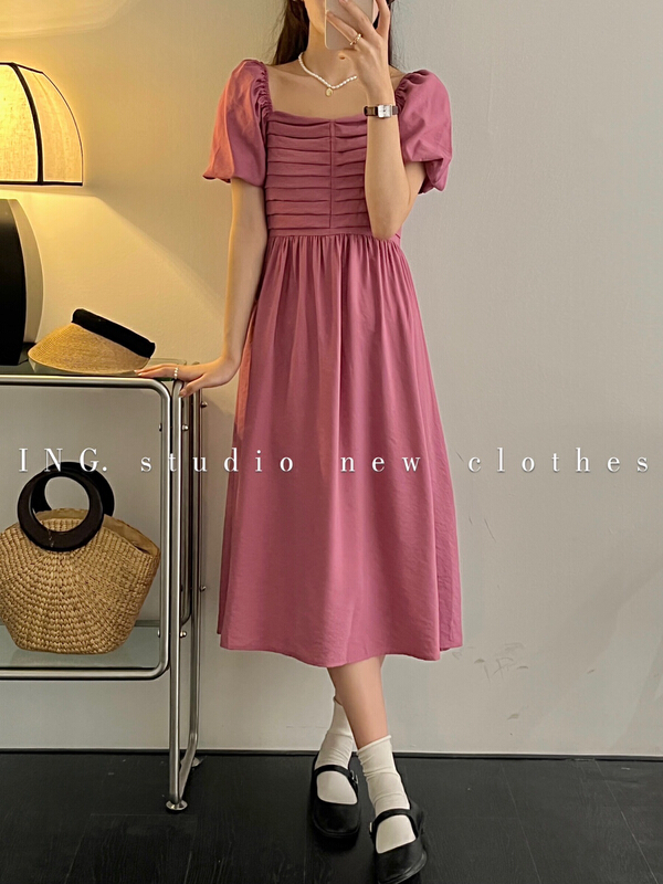 [ing] sweet square neck Pleated Dress ing-7879