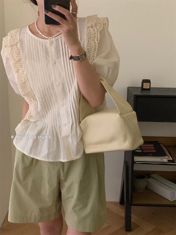 [hey Bella] round neck single breasted comfortable shirt (only selling shirts) ys3-207\ll