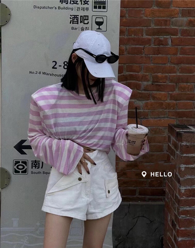 [Hello] loose stripe shoulder pad long sleeve T-shirt 9827\xyy