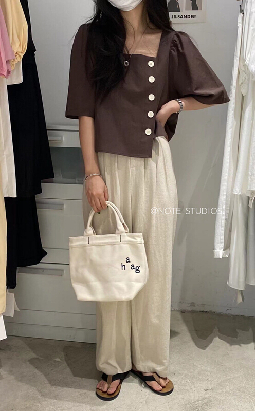 [note] Korean version versatile temperament simple square neck shirt 22516\hbx