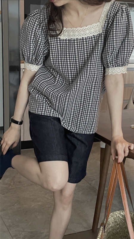 [vivid] square neck Plaid lace blouse 1752\zjy