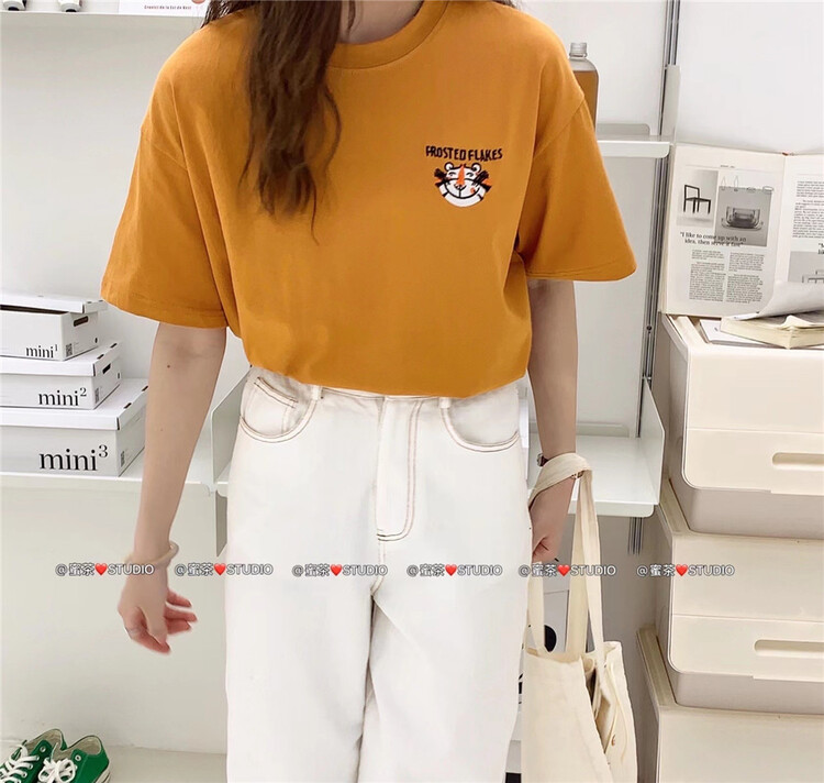 [rara] casual simple tiger embroidery loose Pullover short sleeve T-shirt t77093-1\lsl