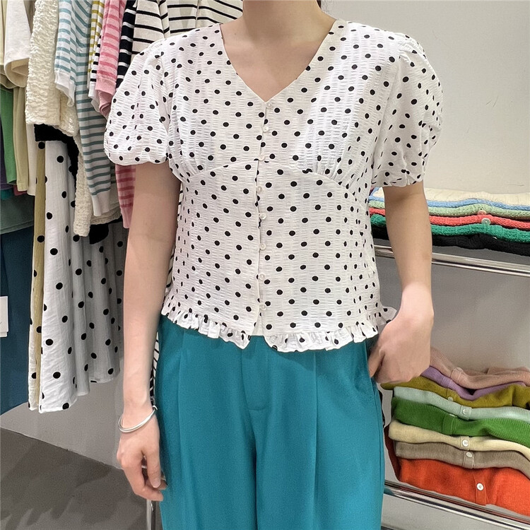 [feeding] Korean V-neck bubble sleeve Polka Dot Shirt 7885-a6\cls