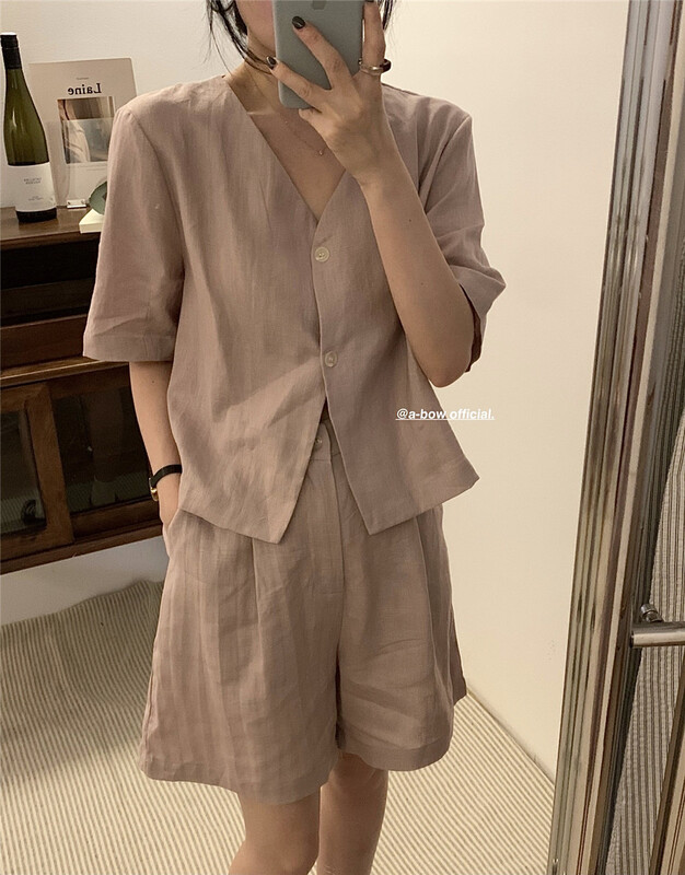 [a-bow studio] simple single breasted shirt + comfortable casual shorts two piece set 15197\zjy