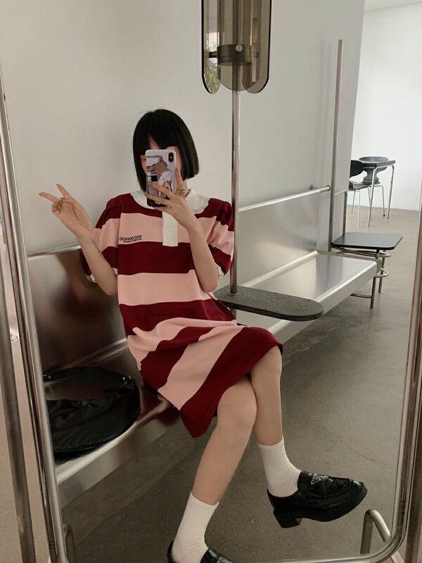 In early summer! [Zoe Zoe] loose Polo patchwork collar stripe dress c375\l