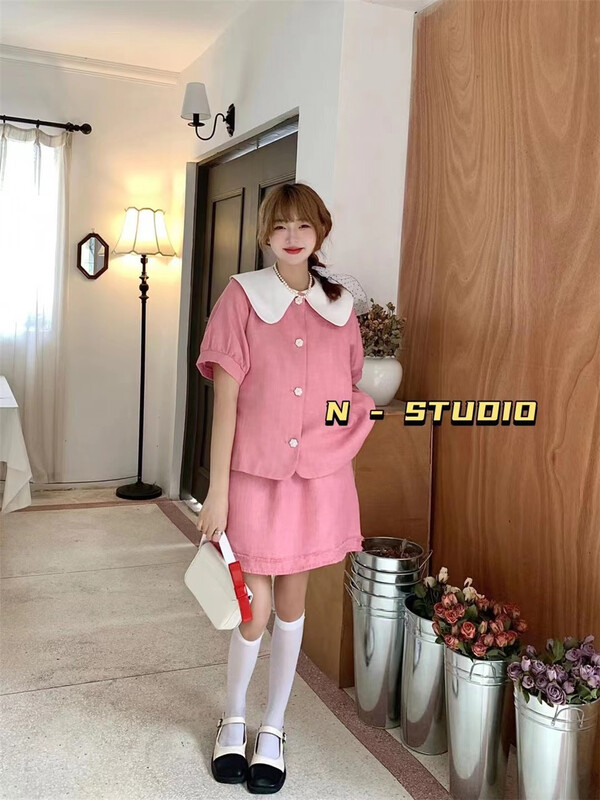 【N】 Lady sweet baby collar short sleeve blouse + short skirt skirt set 10022\wtt