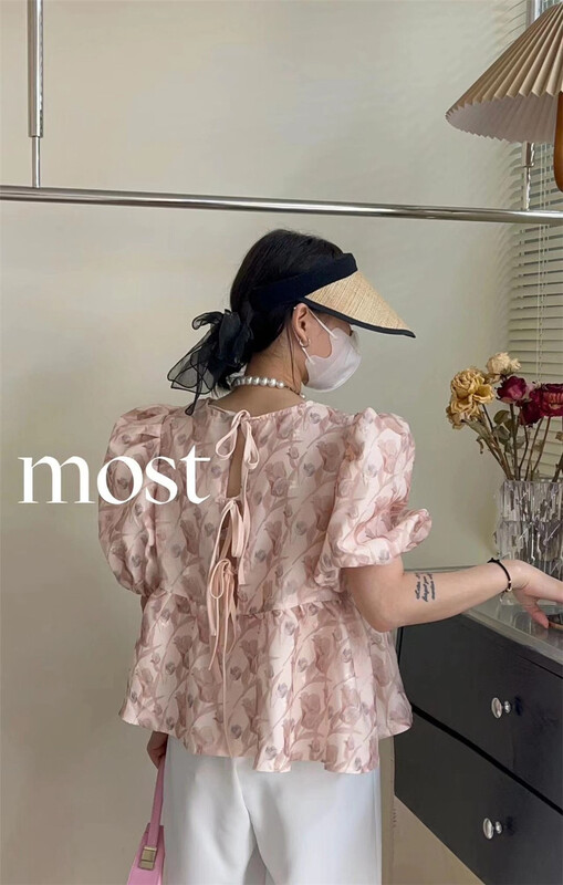[most] round neck bubble sleeve sweet Print Shirt 97158\zjy