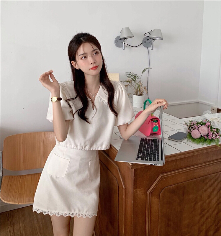 [lu+] sweet lady style Lantern Sleeve Top + double pocket design skirt set 968\hjy
