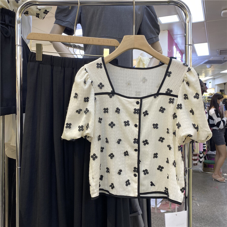[Martina] Korean embroidered floret breasted bubble sleeve short shirt 88033\xyy