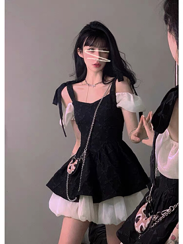 [Huaxi] French retro waist closing bubble sleeve dress 9233\pcz
