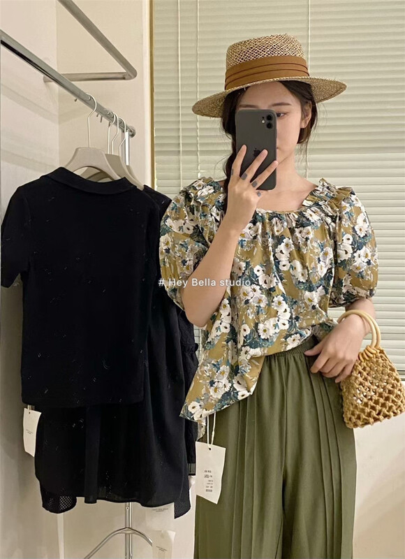 [hey Bella] floral style fashion bubble sleeve shirt 1389\ll