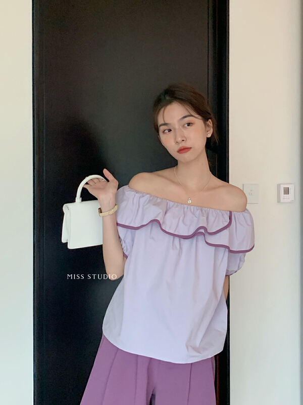 【 miss miss home 】 Korean color matching collar off shoulder temperament shirt y8852