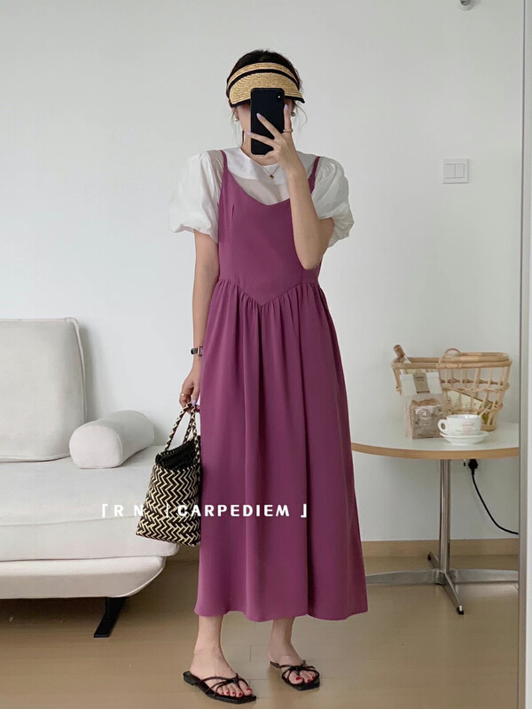 [R n] Tencel bubble sleeve blouse +v-neck waist dress set 80933\ll