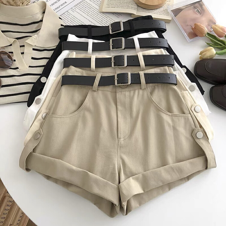 [Gangan] high waist curled solid wide leg casual shorts (with belt) 1286\cl