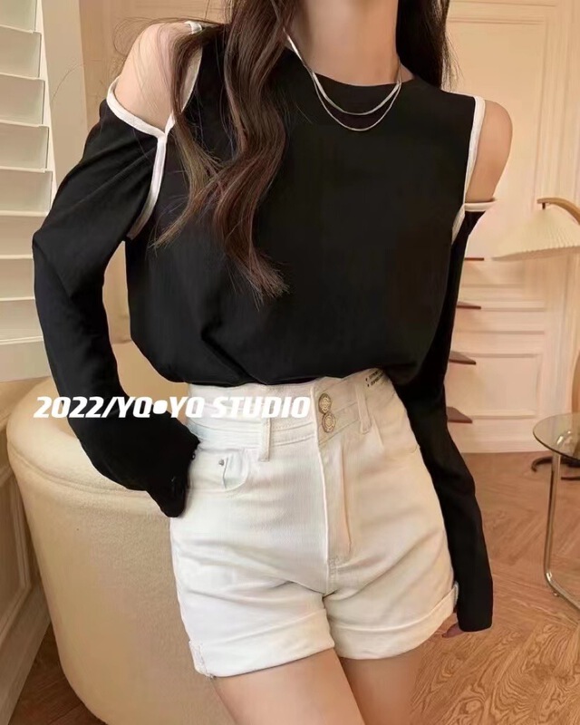 [yyq] color blocked comfortable off shoulder sunscreen shirt 1069\l