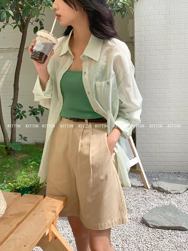 [Kittin] Korean style simple side button sunscreen shirt sunscreen shirt 8538\xyy