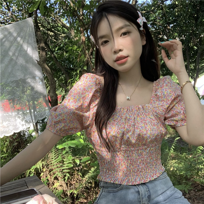 [dolly] Korean slim fit short square neck bubble sleeve shirt 6378\pcz