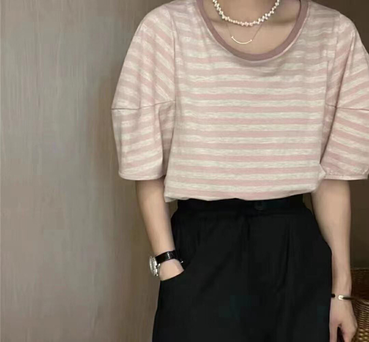 [Xiaolu family] versatile stripe thin off shoulder sleeve shirt 80659\wtt