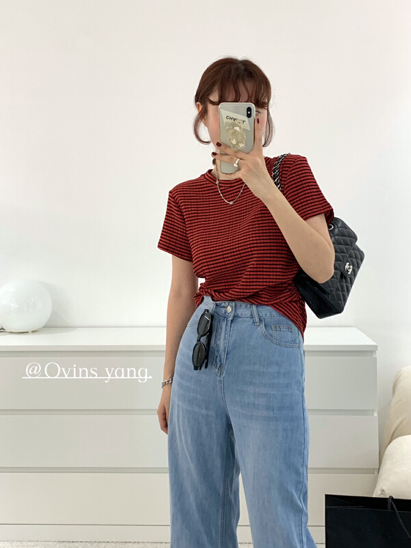 [ovinsyang] checkered side rubber band short sleeve T-shirt 8280