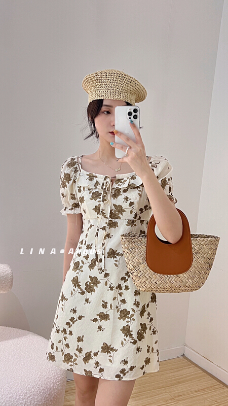 [Lina] new lace up one shoulder floral dress 0187\hjy