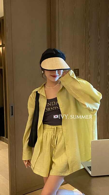 [Ivy] Korean simple sunscreen shirt + letter print suspender Vest + versatile suit 88287\jhy