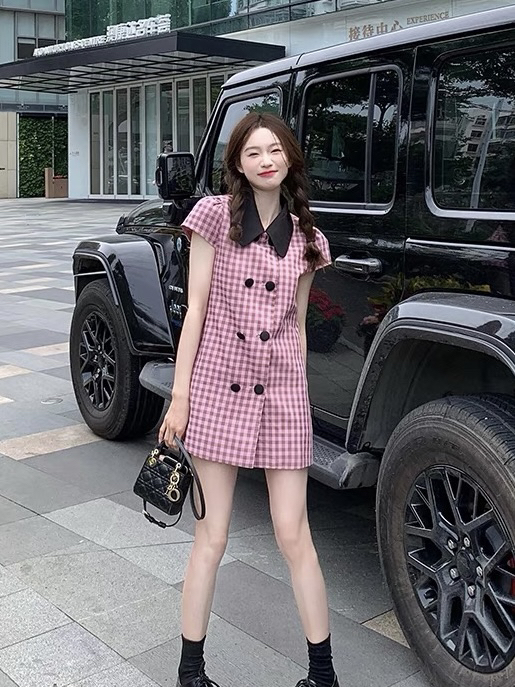 [JH] net red plaid double breasted contrast dress 41848\pcz