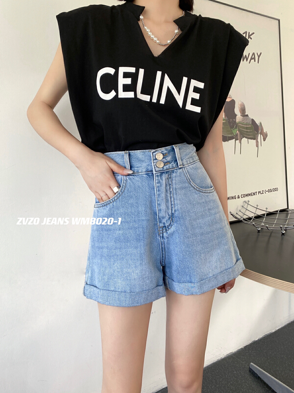 [zvzo] Korean elastic waist cuffed denim shorts lz8020-1