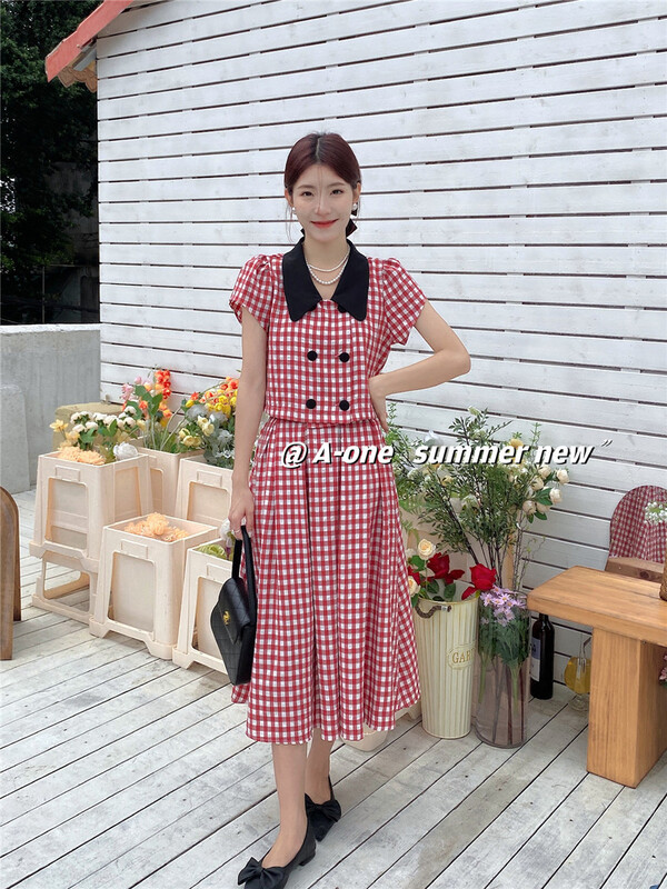 [A-One] elegant retro Plaid double breasted blouse +a-line large swing skirt set 22171\hjy