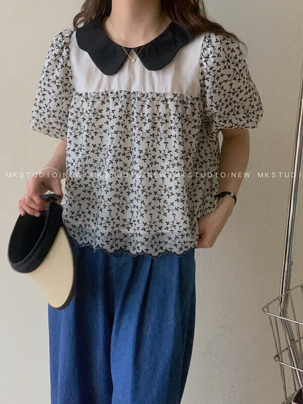 [chen/mk] summer French heavy craft embroidery baby collar shirt 3309\hjy
