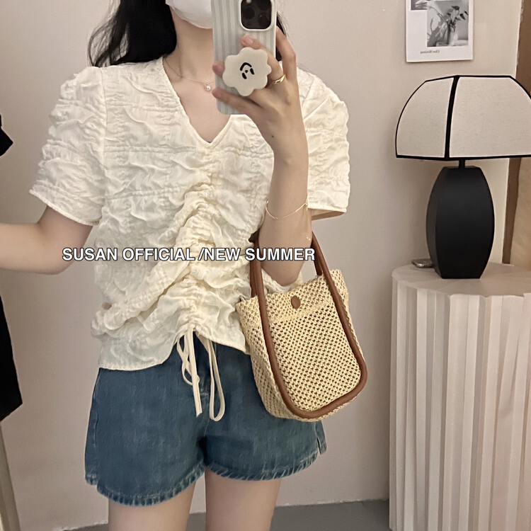 [Susan] simple solid color pleated drawstring bubble sleeve shirt 18996\lsw