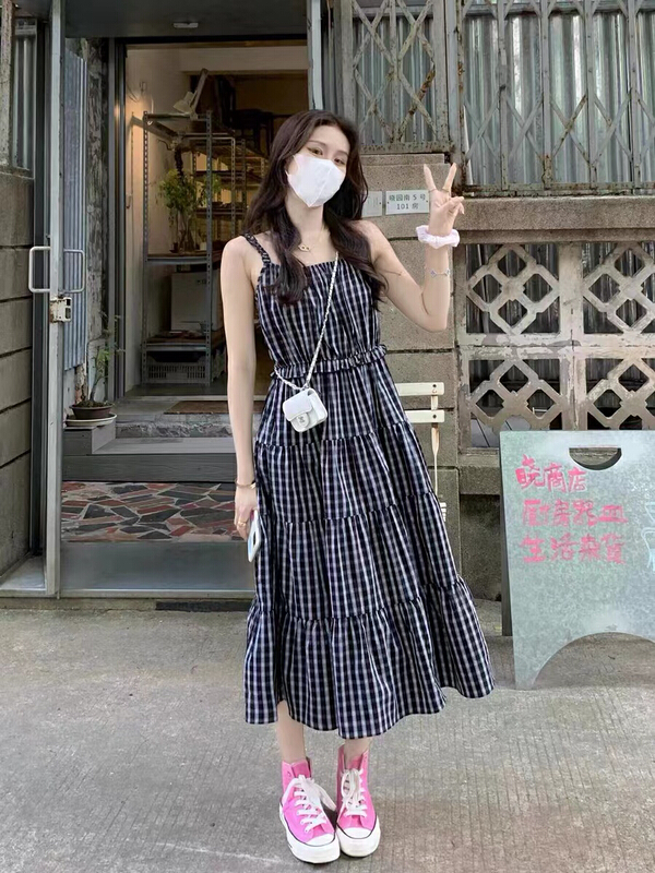 [zishujia] Korean version simple lattice Sling Dress ys2-8813\hbx