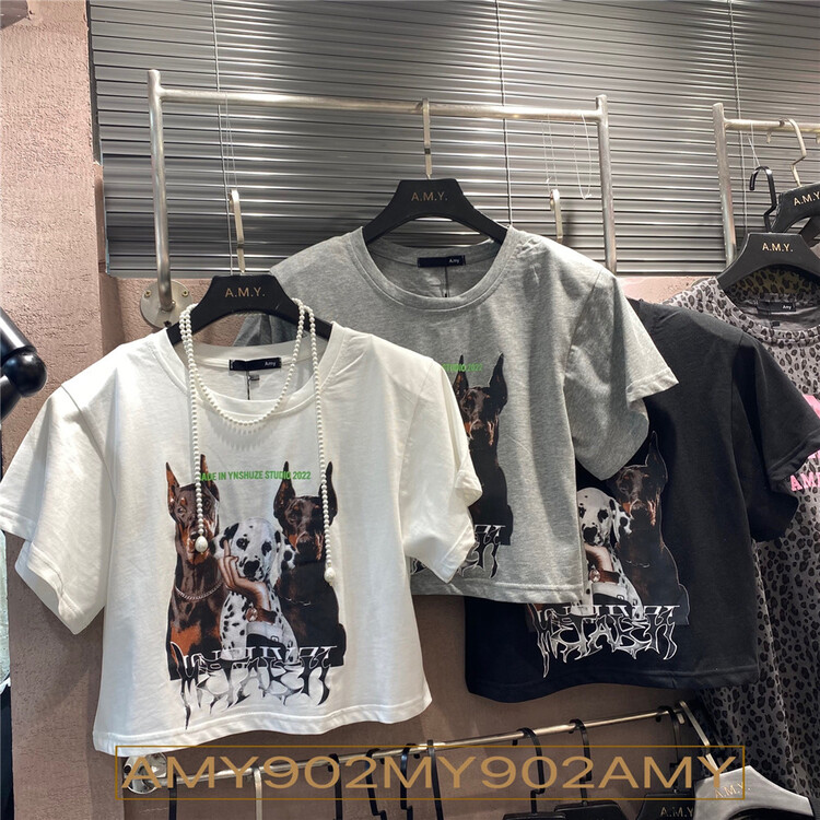 [Amy] Street trend Dog Print exposed navel short sleeve T-shirt ys1-902\wtt