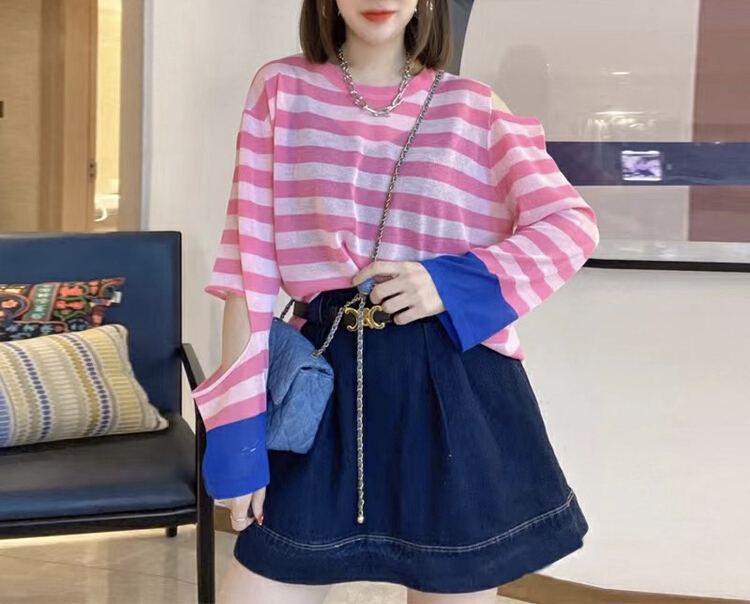 [f · P] Korean loose stripe off shoulder T-shirt 7270\hbx