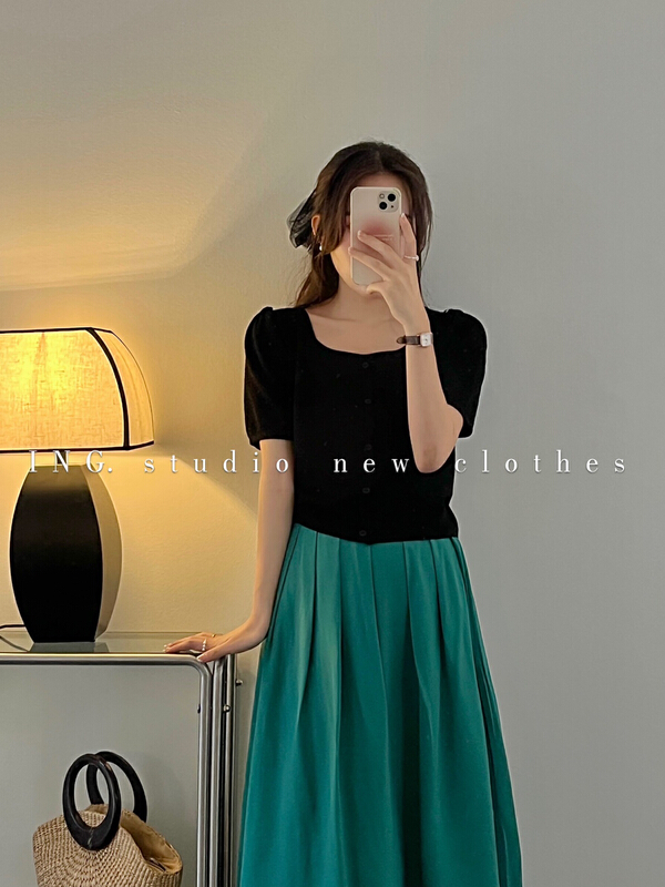 [ing] square neck retro short sleeve T-shirt small shirt w3547\hbx