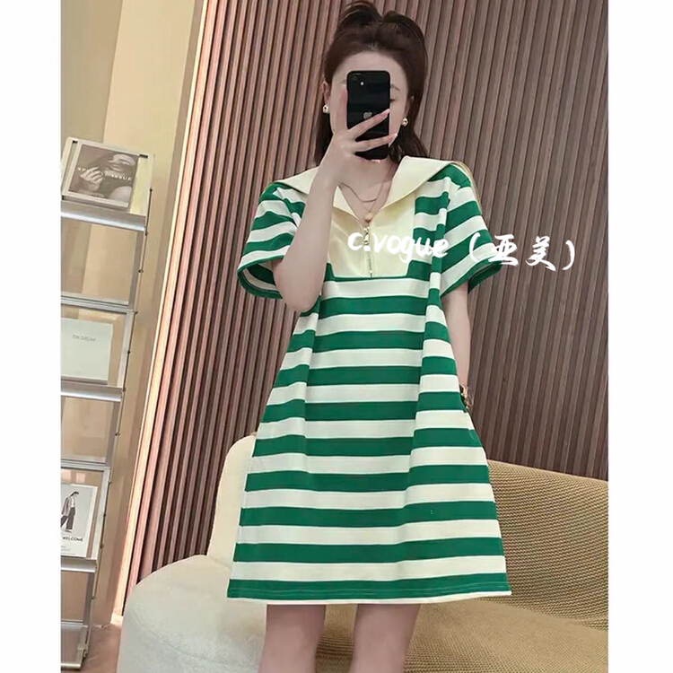 [c.vogue] Korean design navy collar print stripe dress 3338\pcz