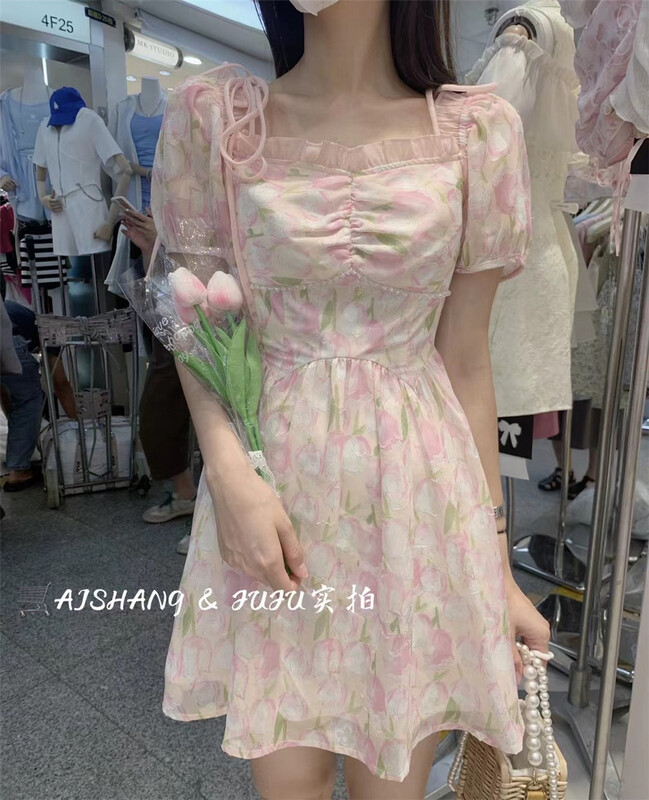 [an Shang] sweet printed bubble sleeve dress 33218\hjy