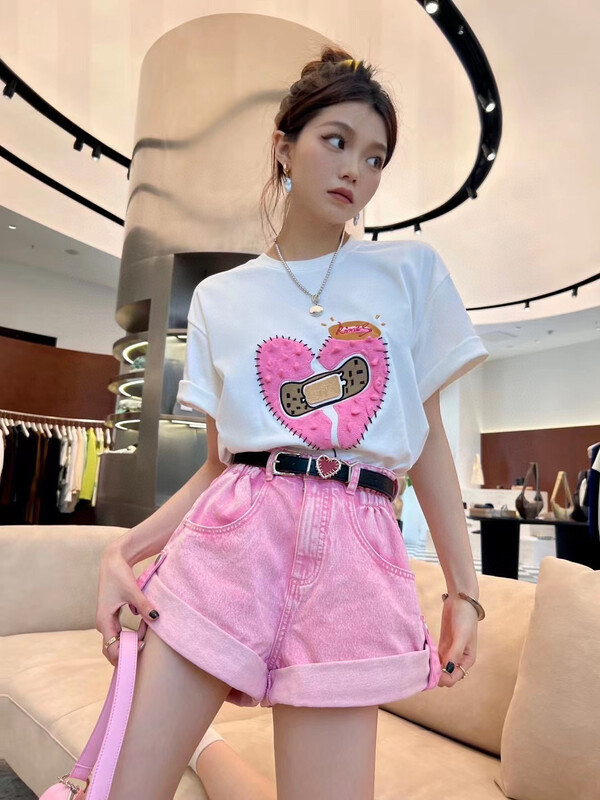 [m.zz] Korean loose pink sweet denim shorts (with belt) 9079\lsw