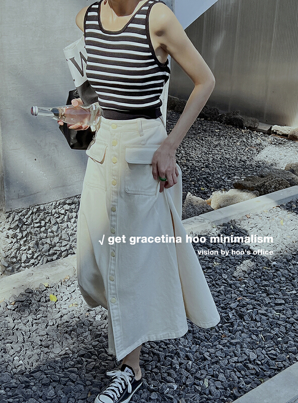 [gracetina Hoo] design high waist double pocket button A-line skirt n142\zxl