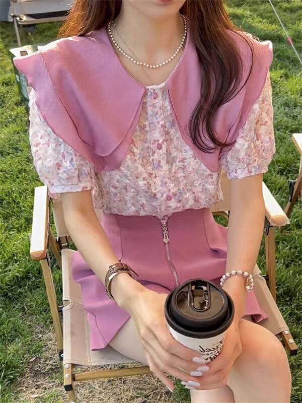 [jun.t] baby Collar Chiffon shirt + slim High Waist Shorts Set 6187\pcz