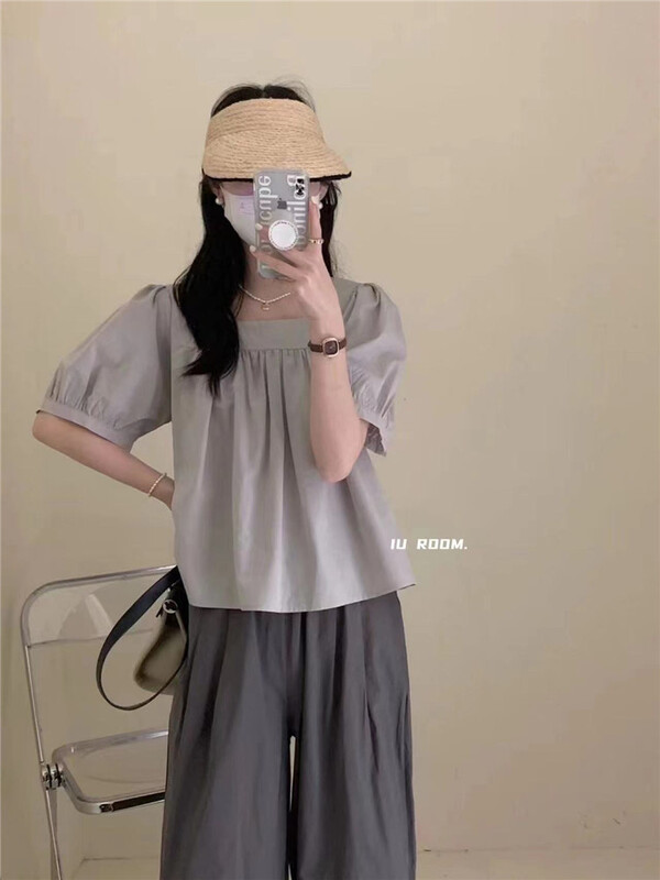 [IU room] bubble sleeve square neck solid shirt 6121\xyy