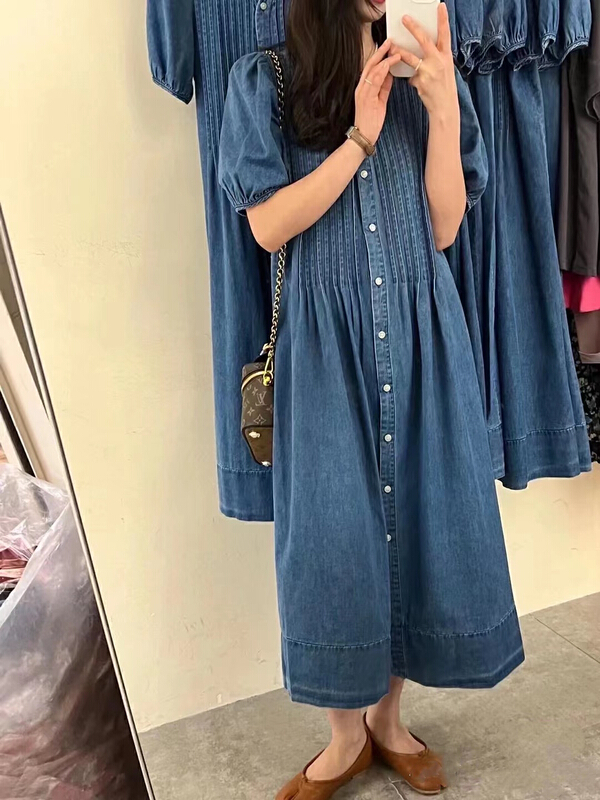 [MK] French retro V-neck single breasted bubble sleeve denim dress 3289\hjy