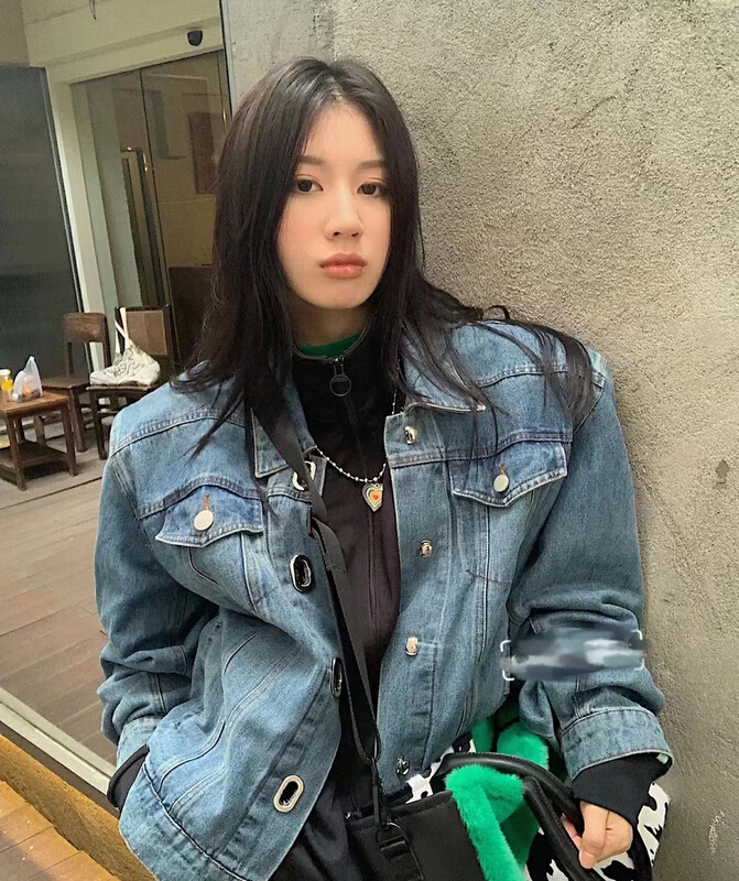 New year in early spring! [c.h.z] check large button wide version versatile design denim jacket 90207\wtt