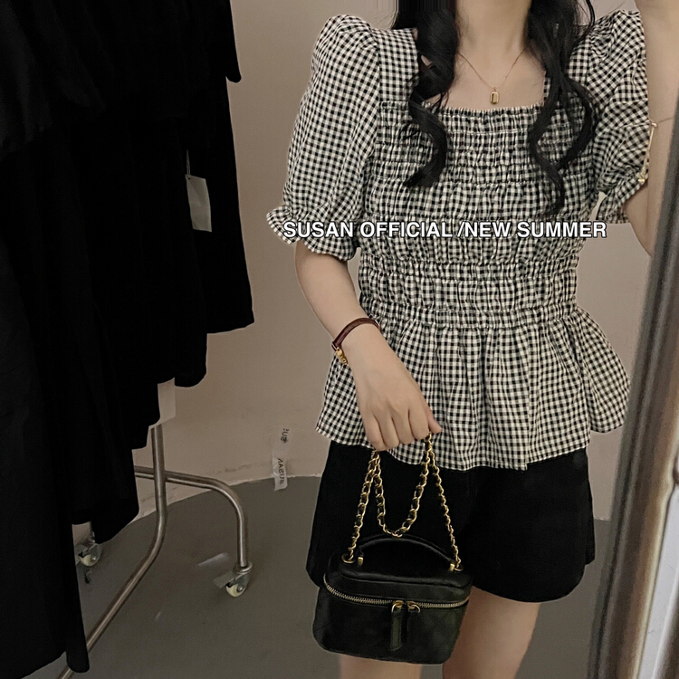 【 Susan 】 square neck Plaid fashion shirt 18896\lsw