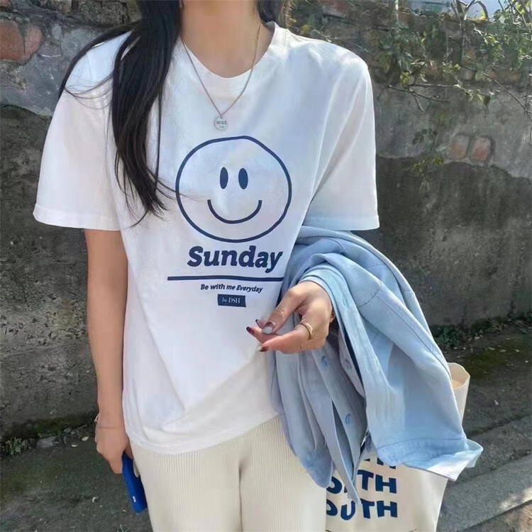 [charming] Korean smiling face print versatile short sleeve T-shirt t1056\zjy