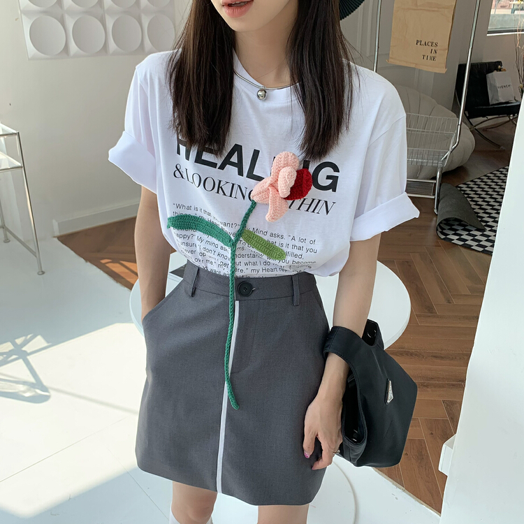 [rainbow] three dimensional flower letter short sleeve T-shirt (decoration can not be removed) 08109\wtt
