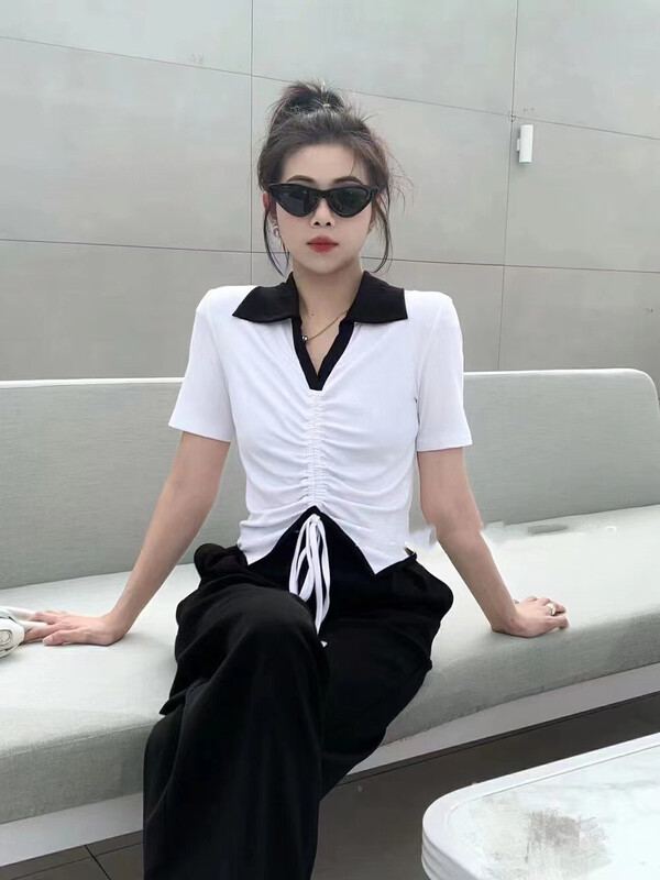 [top] polo collar contrast color drawstring short ins shirt 9150\zjy