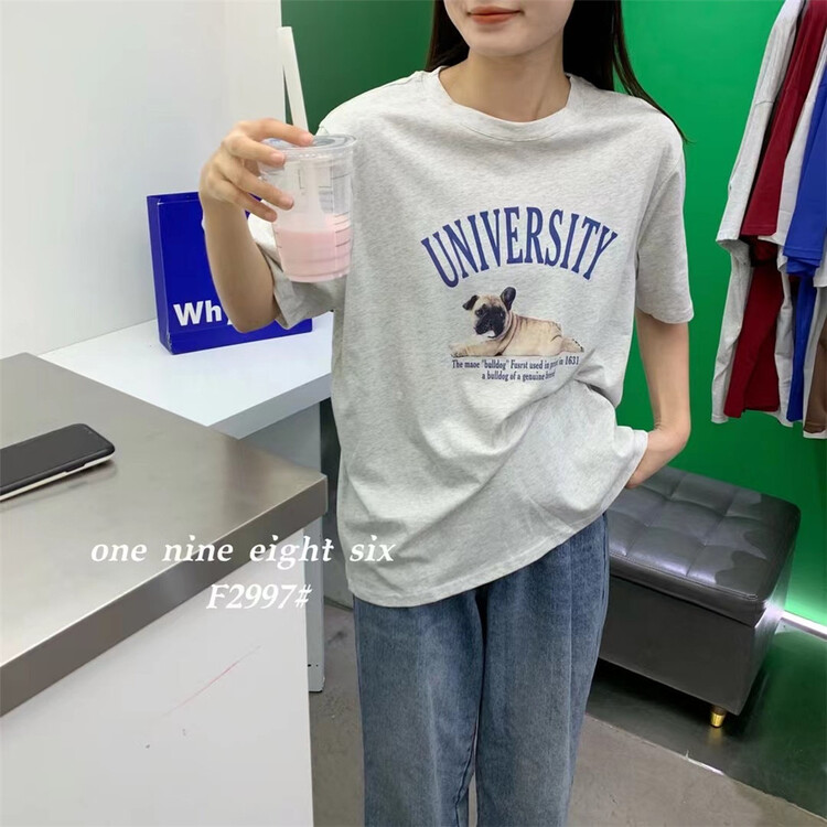 [1986] casual loose Dog Print short sleeve T-shirt 2997\xyy