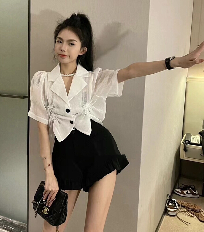 [y.jia EJA] suit collar drawstring short sleeve Shorts Set 1837