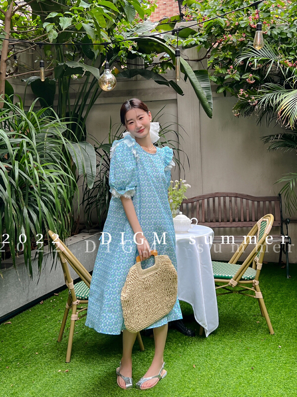 【 digm 】 Korean fashion loose printed lace patchwork dress 2731\zxx