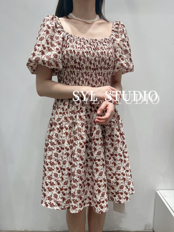 [SYL] waist cut floral bubble sleeve dress 5279\l